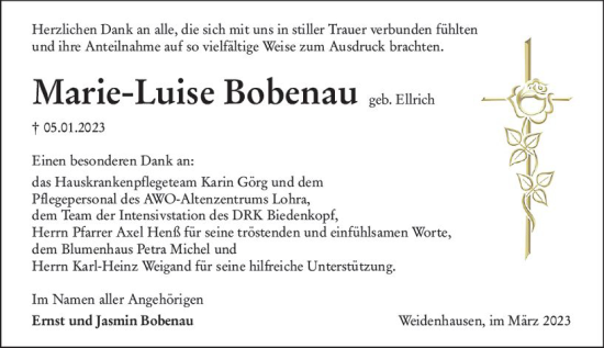 Traueranzeige von Marie-Luise Bobenau von Hinterländer Anzeiger