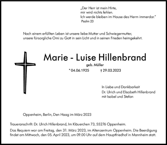 Traueranzeige von Marie-Luise Hillenbrand von Allgemeine Zeitung Mainz