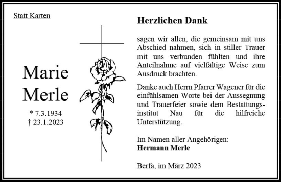 Traueranzeige von Marie Merle von Oberhessen Kurier