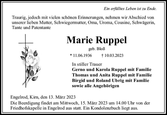 Traueranzeige von Marie Ruppel von VRM Trauer