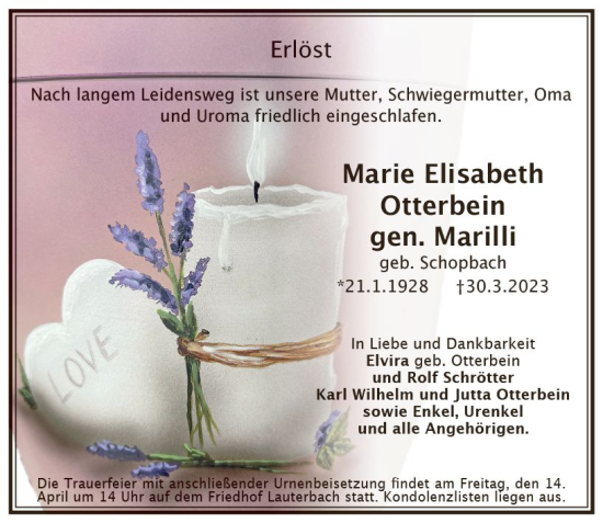 Traueranzeige von Marie Elisabeth Otterbein von VRM Trauer
