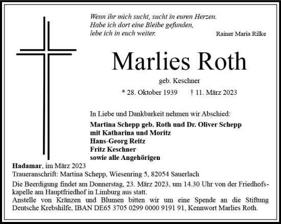 Traueranzeige von Markes Roth von Nassauische Neue Presse