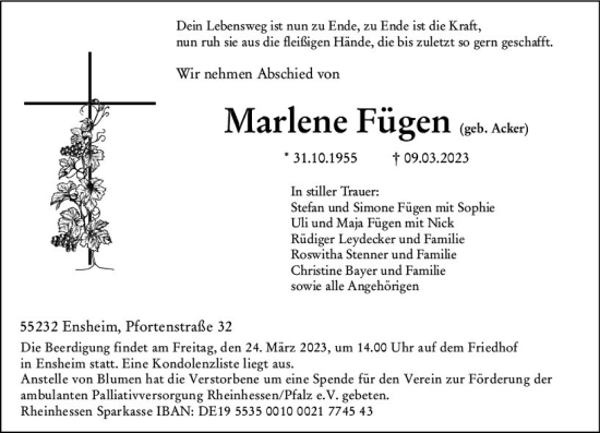 Traueranzeige von Marlene Fügen von Allgemeine Zeitung Alzey
