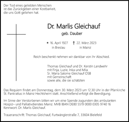 Traueranzeige von Marlis Gleichauf von Allgemeine Zeitung Mainz