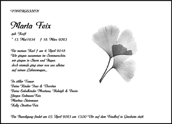 Traueranzeige von Marta Feix von Allgemeine Zeitung Mainz