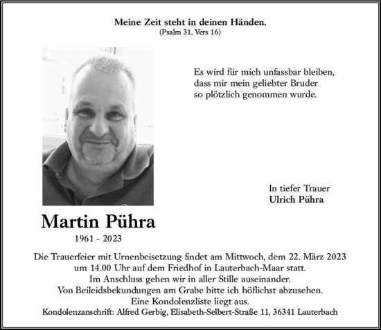 Traueranzeige von Martin Pühra von VRM Trauer