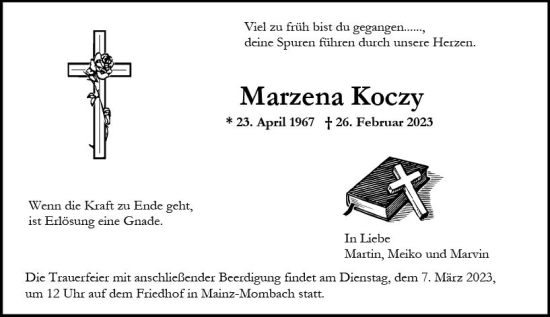 Traueranzeige von Marzena Koczy von Allgemeine Zeitung Mainz