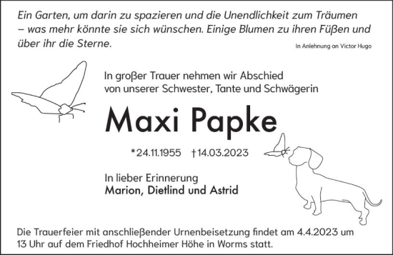 Traueranzeige von Maxi Papke von Wormser Zeitung