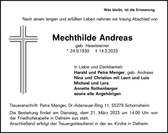 Traueranzeige von Mechthilde Andreas von Allgemeine Zeitung Alzey