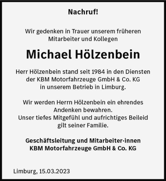 Traueranzeige von Michael Hölzenbein von Nassauische Neue Presse
