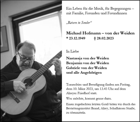 Traueranzeige von Michael Hofmann-von der Weiden von Allgemeine Zeitung Bingen/Ingelheim