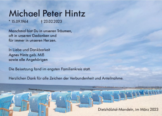 Traueranzeige von Michael Peter Hintz von Hinterländer Anzeiger