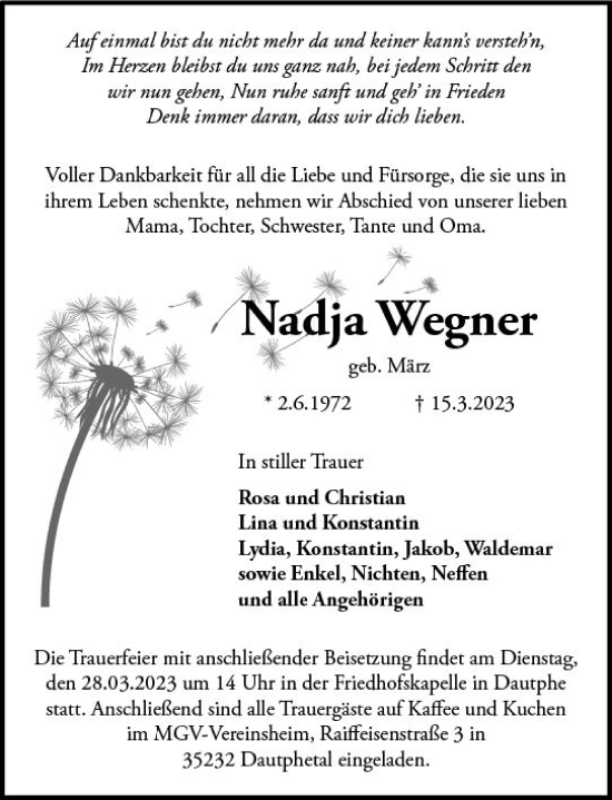 Traueranzeige von Nadja Wegner von Hinterländer Anzeiger