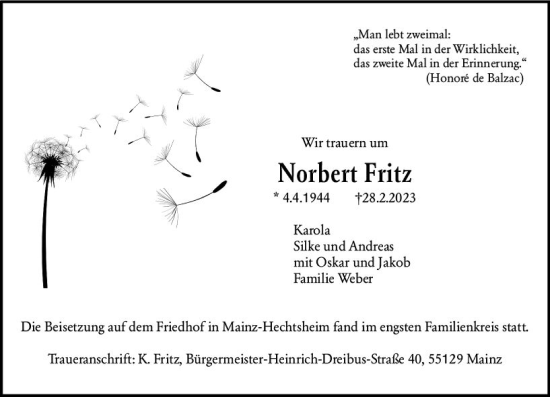Traueranzeige von Norbert Fritz von Hochheimer Zeitung