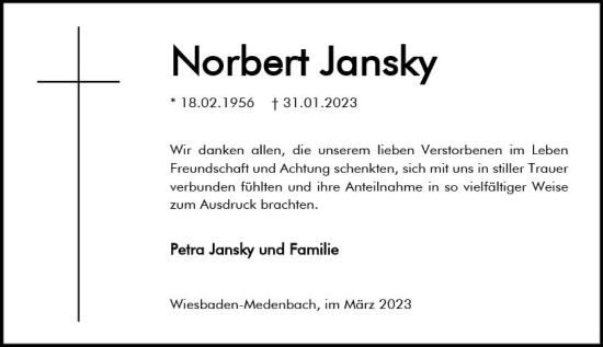 Traueranzeige von Norbert Jansky von Wiesbadener Kurier