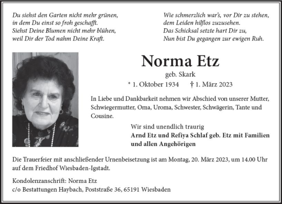 Traueranzeige von Norma Etz von Wiesbadener Kurier