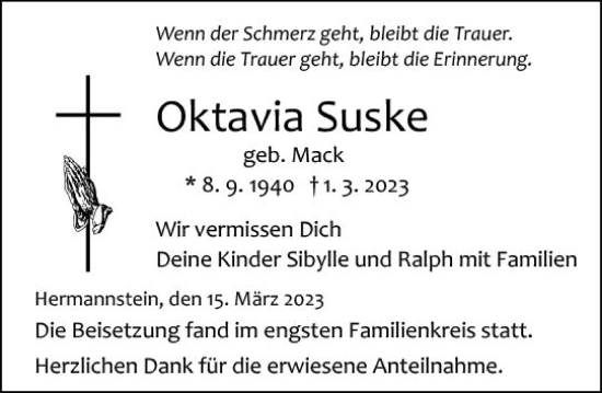Traueranzeige von Oktavia Suske von Wetzlarer Neue Zeitung