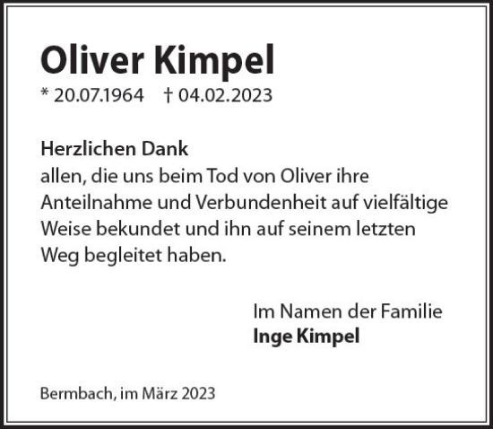 Traueranzeige von Oliver Kimpel von Camberger Anzeiger