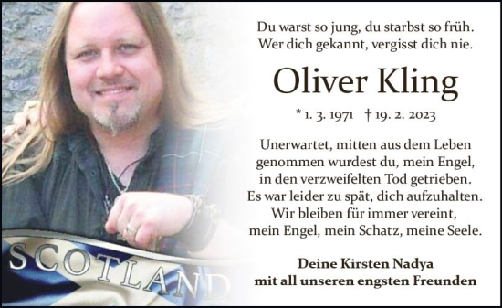 Traueranzeige von Oliver Kling von Odenwälder Echo