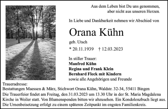 Traueranzeige von Orana Kühn von Allgemeine Zeitung Bingen/Ingelheim