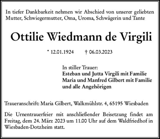 Traueranzeige von Ottilie Wiedmann de Virgili von Wiesbadener Kurier