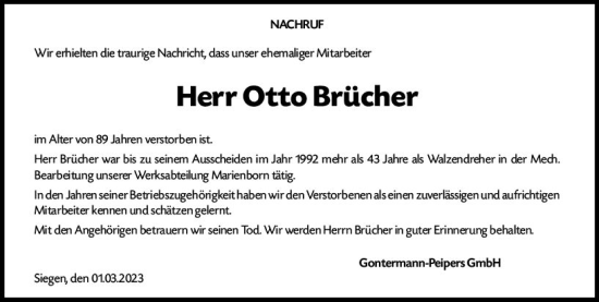 Traueranzeige von Otto Brücher von Dill Block