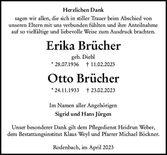Traueranzeige von Otto Brücher von Dill Block