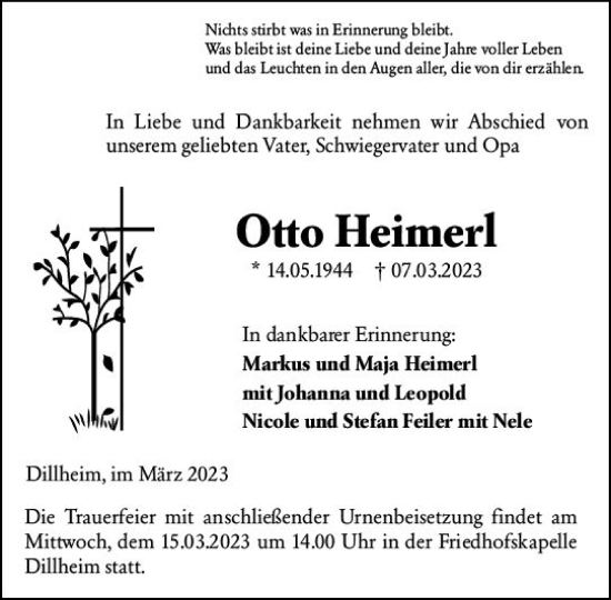 Traueranzeige von Otto Heimerl von Dill Block