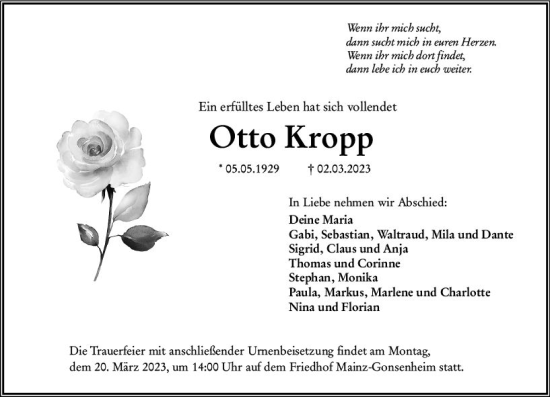 Traueranzeige von Otto Kropp von Allgemeine Zeitung Mainz