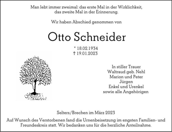 Traueranzeige von Otto Schneider von Camberger Anzeiger