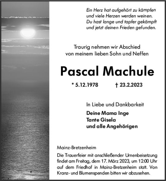 Traueranzeige von Pascal Machule von Allgemeine Zeitung Mainz