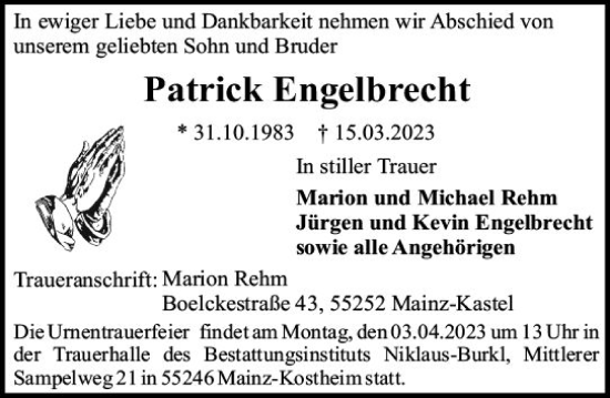 Traueranzeige von Patrick Engelbrecht von Allgemeine Zeitung Mainz