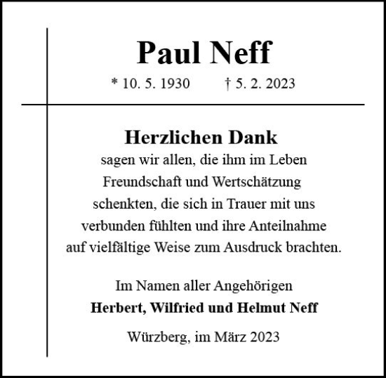 Traueranzeige von Paul Neff von Odenwälder Echo