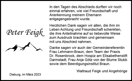 Traueranzeige von Peter Feigk von Dieburger Anzeiger/Groß-Zimmerner Lokal-Anzeiger