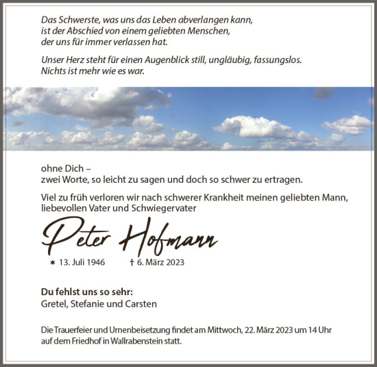 Traueranzeige von Peter Hofmann von Idsteiner Land/Untertaunus