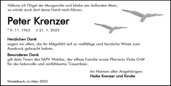 Traueranzeige von Peter Krenzer von Dill Block