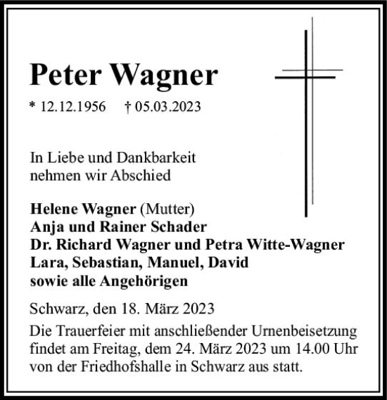 Traueranzeige von Peter Wagner von VRM Trauer
