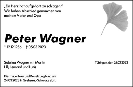Traueranzeige von Peter Wagner von VRM Trauer