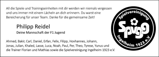 Traueranzeige von Philipp Reidel von Allgemeine Zeitung Bingen/Ingelheim