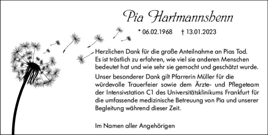 Traueranzeige von Pia Hartmannshenn von Wetzlarer Neue Zeitung