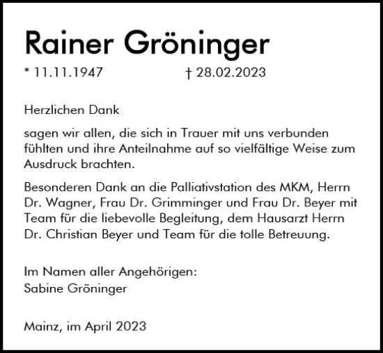 Traueranzeige von Rainer Gröninger von Allgemeine Zeitung Mainz