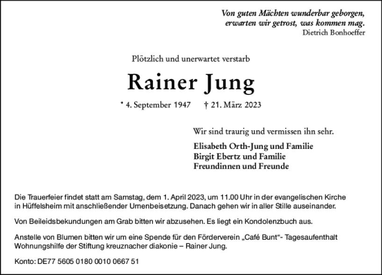 Traueranzeige von Rainer Jung von Allgemeine Zeitung Bad Kreuznach
