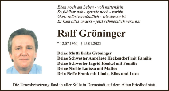 Traueranzeige von Ralf Gröninger von Darmstädter Echo