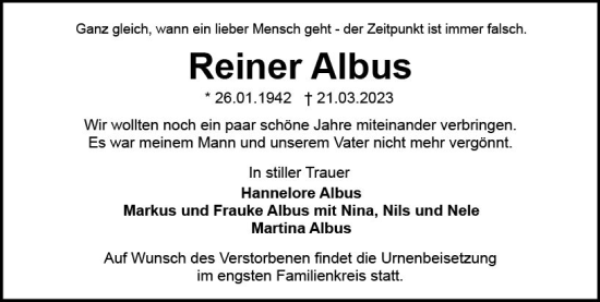 Traueranzeige von Reiner Albus von Wiesbadener Kurier