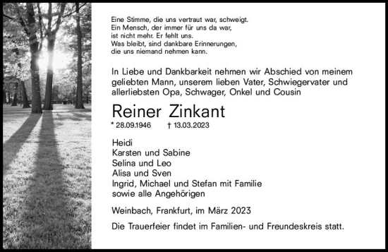 Traueranzeige von Reiner Zinkant von Weilburger Tageblatt