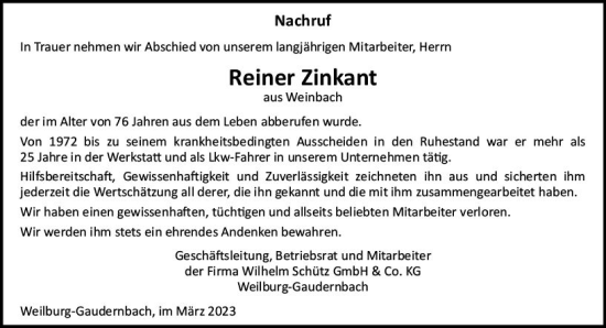Traueranzeige von Reiner Zinkant von Weilburger Tageblatt