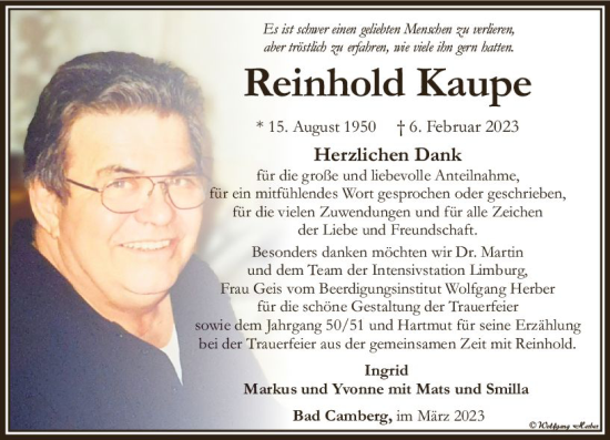 Traueranzeige von Reinhold Kaupe von Camberger Anzeiger