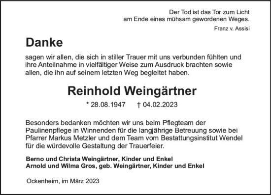 Traueranzeige von Reinhold Weingärtner von Allgemeine Zeitung Bingen/Ingelheim