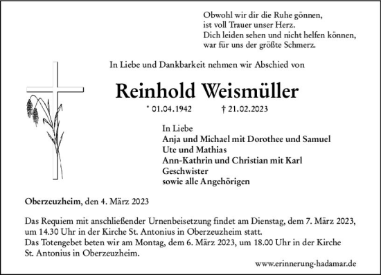Traueranzeige von Reinhold Weismüller von Nassauische Neue Presse