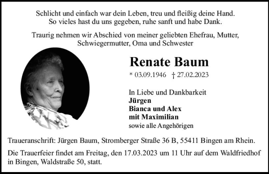 Traueranzeige von Renate Baum von Allgemeine Zeitung Bingen/Ingelheim